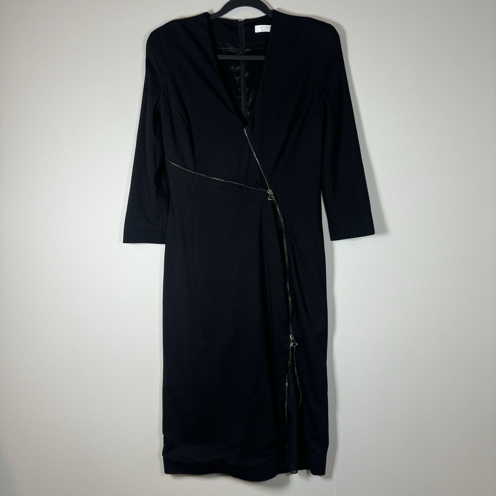 Altuzarra 44 Sheath Dress Black 3/4 Sleeve Asymmetrical Zipper V-Neck Italy